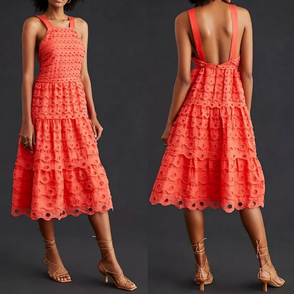 Anthropologie Maeve Eyelet Lace Tiered Midi Dress Preppy Summer Boho Womens 2